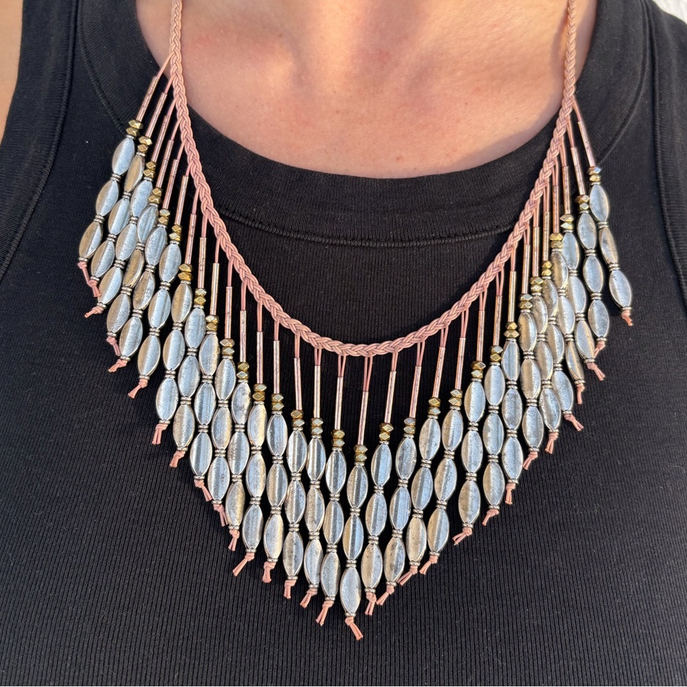 Anthropologie Mixed Metal Beaded Fringe Bib Necklace - 44" Adjustable